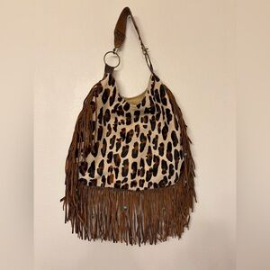 Women’s Leather Hand Crafted Purse with Fringe and Turquoise Accents Western